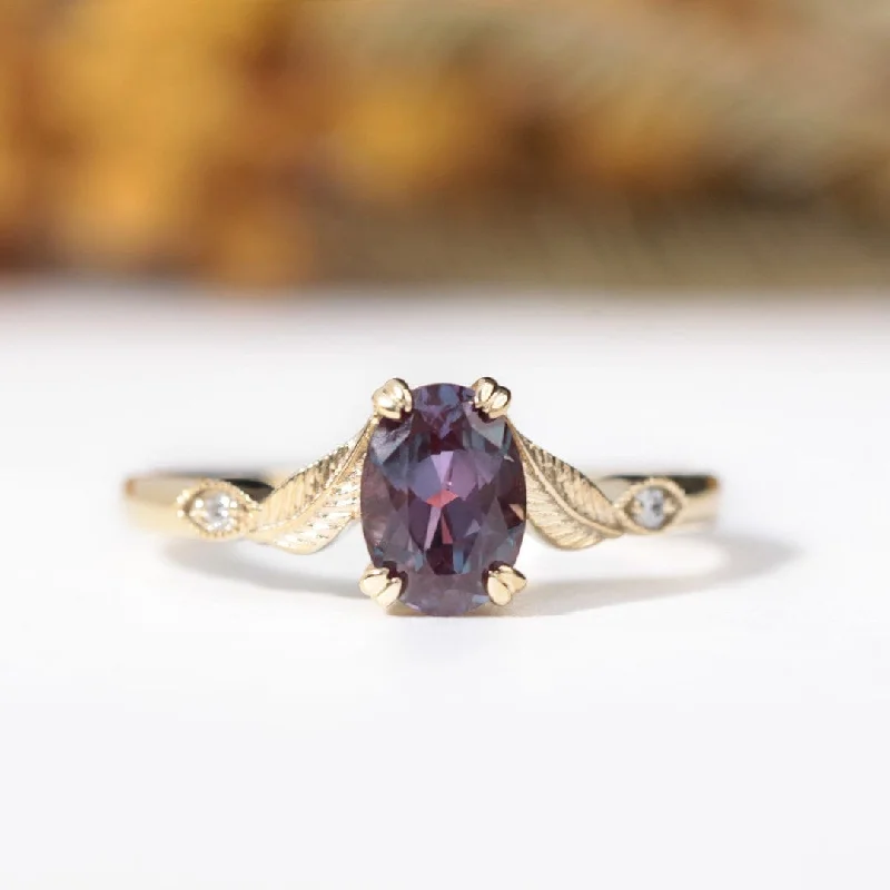 wedding rings with diamonds-Oval Alexandrite Leaf Engagement Ring