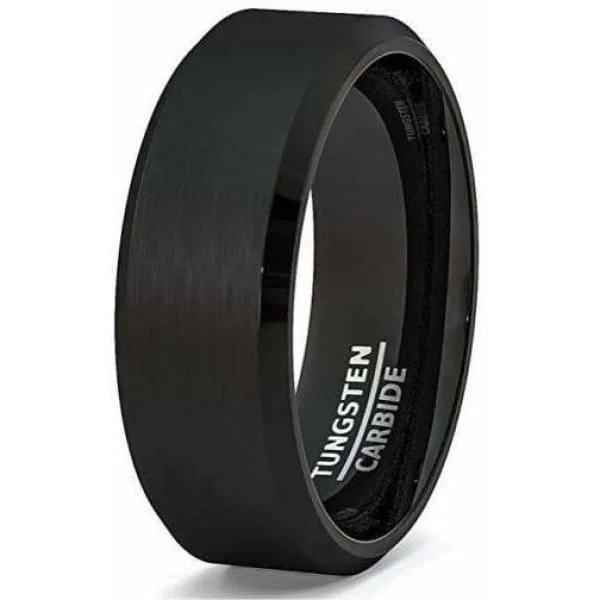 exclusive engagement rings for women-Men's Classic Black Tungsten Carbide Ring With Beveled Edges & Brushed Center - 8mm