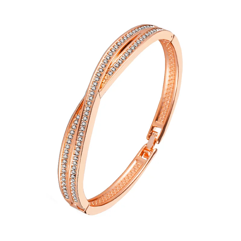 statement bracelets for women-Rose Gold Plated Crossover Bangle Created with Zircondia® Crystals (7 Inch)