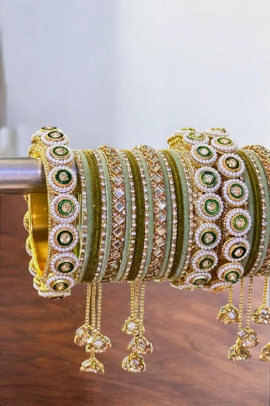 cuff bangles for women-Indian Mint Velvet Pearl Bangle Chura Set, Fashion Bracelet, Chura Set, Indian Chura Set, Bridal Kada Set, Pakistani Chura Set