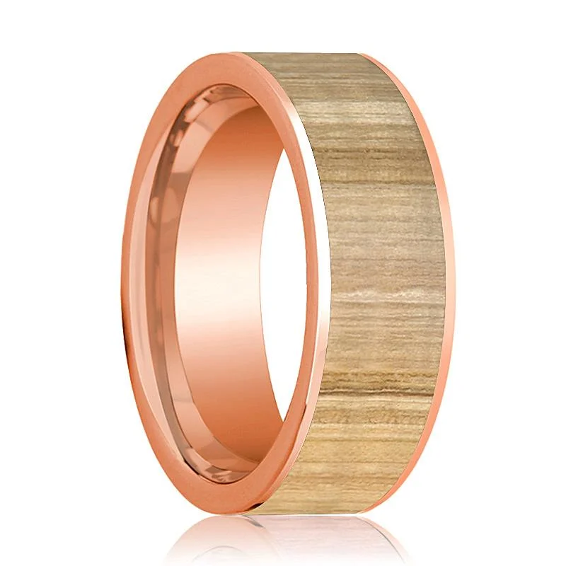 gemstone rings for women-Men's Flat 14k Rose Gold Wedding Band with Ash Wood Inlay Polished Finish - 8MM