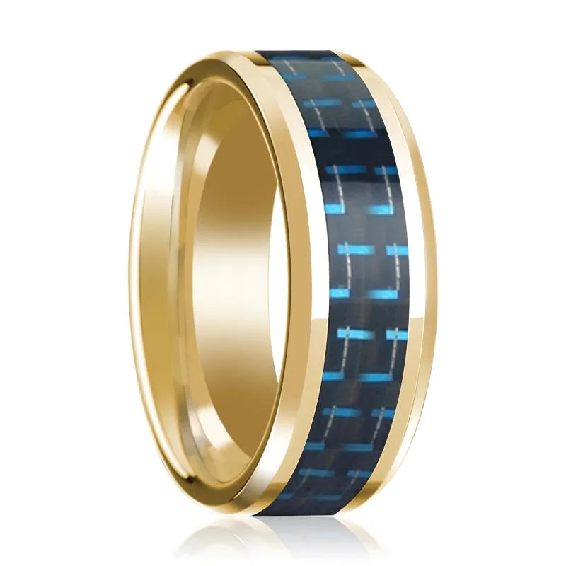 platinum rings for women-Black & Blue Carbon Fiber Inlaid 14k Yellow Gold Polished Wedding Band with Beveled Edges - 8MM