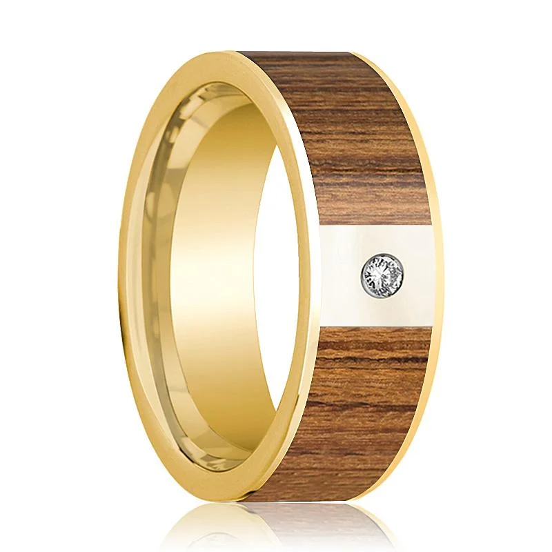 vintage engagement rings for women-White Diamond & 14k Gold Wedding Band for Men with Teak Wood Inlay - 8MM