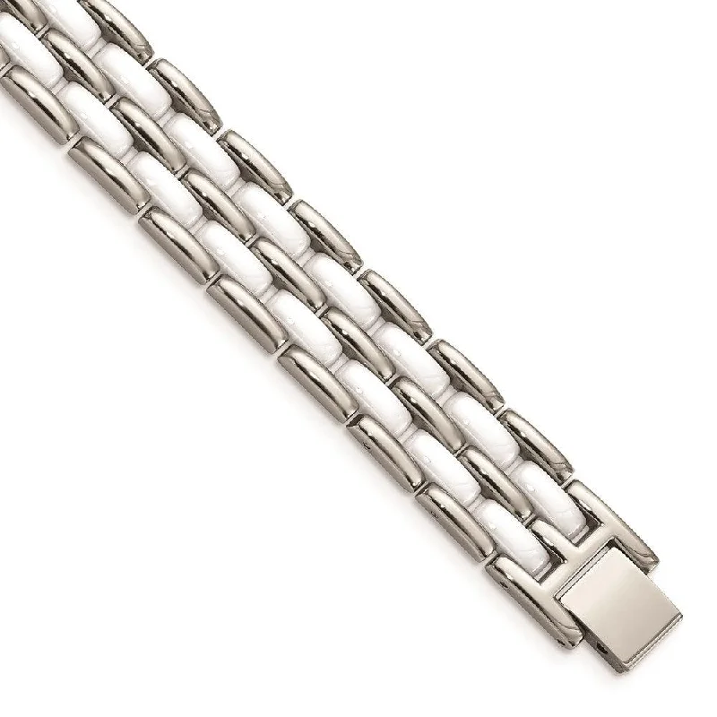 trendy bracelets for women-Stainless Steel Double Row White Ceramic 8.25in Bracelet