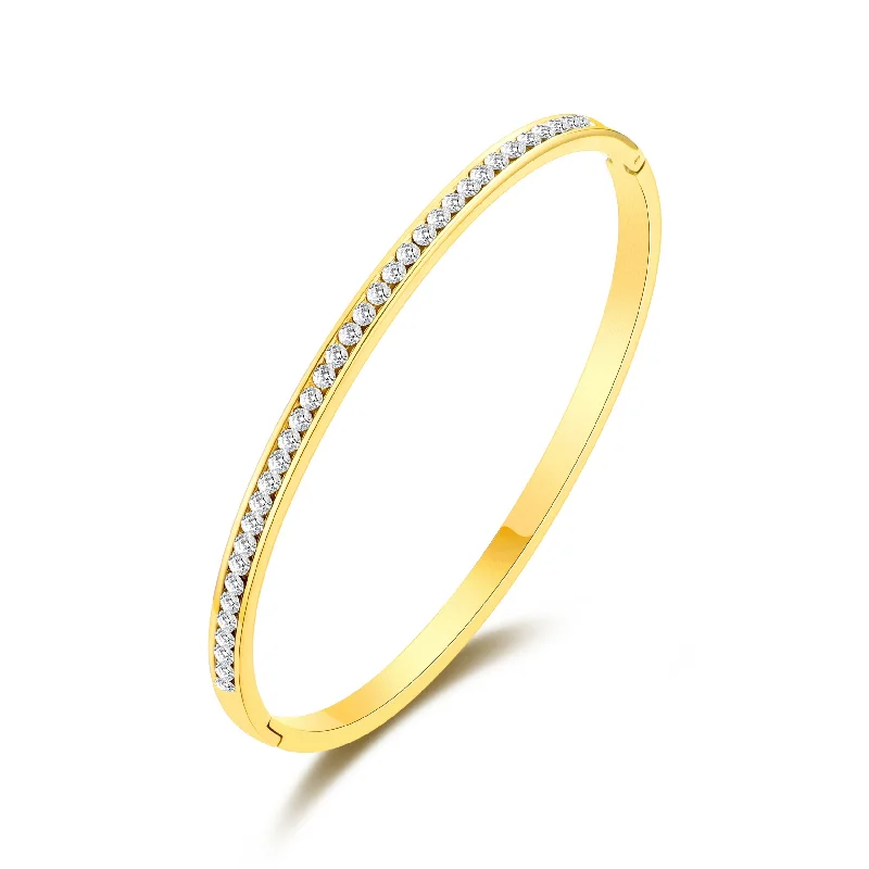 elegant bracelets for women-Gold Plated Channel Set Bangle Created with Zircondia® Crystals (7 Inch)