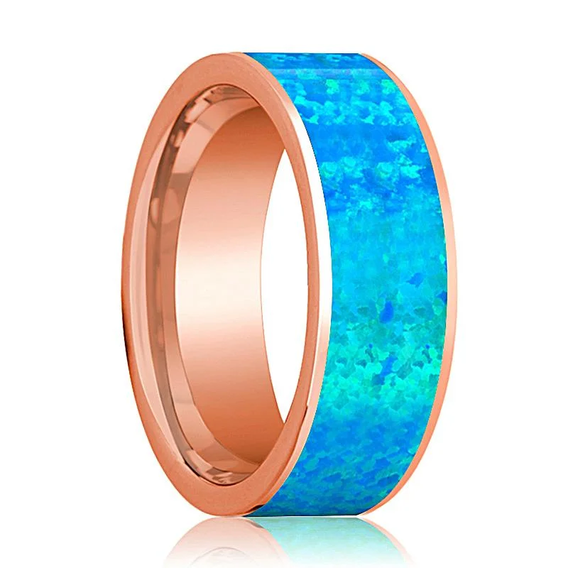 anniversary bands for women-Flat 14k Rose Gold Men's Wedding Band with Blue Opal Inlay Polished Finish - 8MM