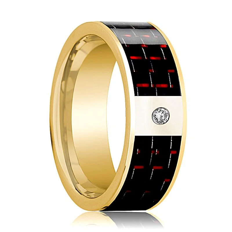 gold rings for women-Polished 14k Yellow Gold & Diamond Flat Wedding Band for Men with Black and Red Carbon Fiber Inlay - 8MM