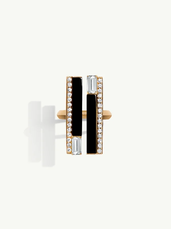 wedding bands for women-Invidia Black Onyx & Baguette-Cut White Diamond Ring With Pavé-Set Diamonds In 18K Yellow Gold