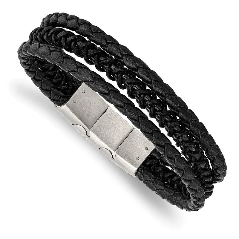 infinity bracelets for women-Stainless Steel Brushed & Polished Black IP Leather w/.5in ext Bracelet