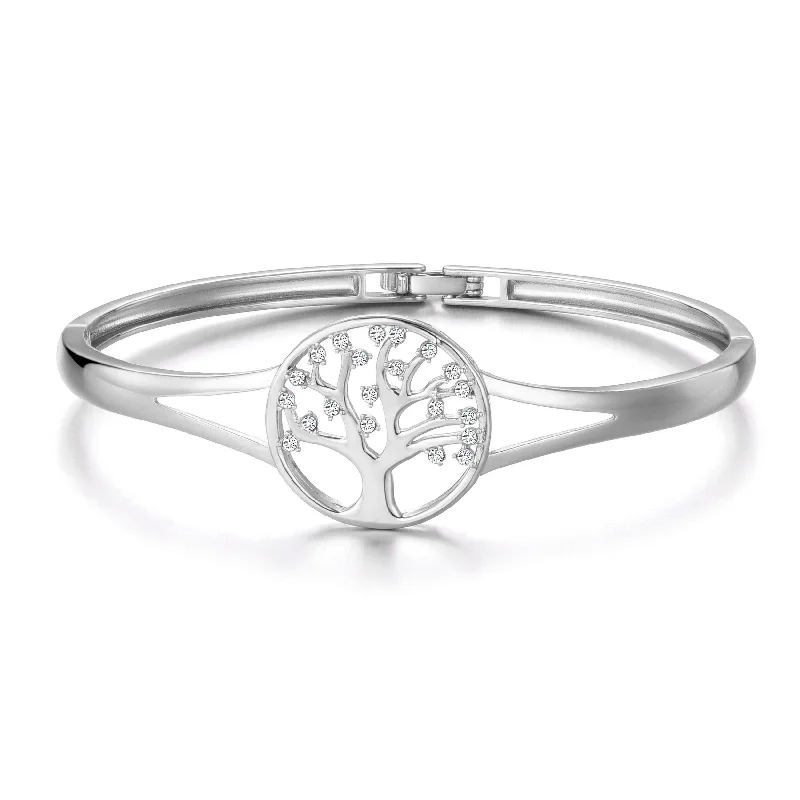 charm bracelets for women-Silver Plated Tree of Life Bangle Created with Zircondia® Crystals (7 Inch)