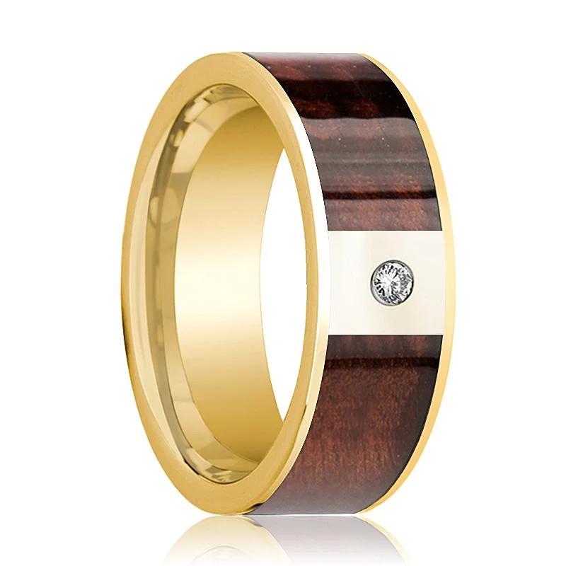 princess cut rings for women-Men's Polished 14k Gold & Diamond Wedding Band with Red Wood Inlay - 8MM