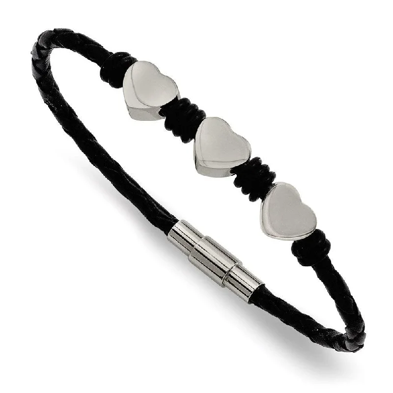 cuff bangles for women-Stainless Steel Black Leather w/Polished Hearts 7.5in Bracelet