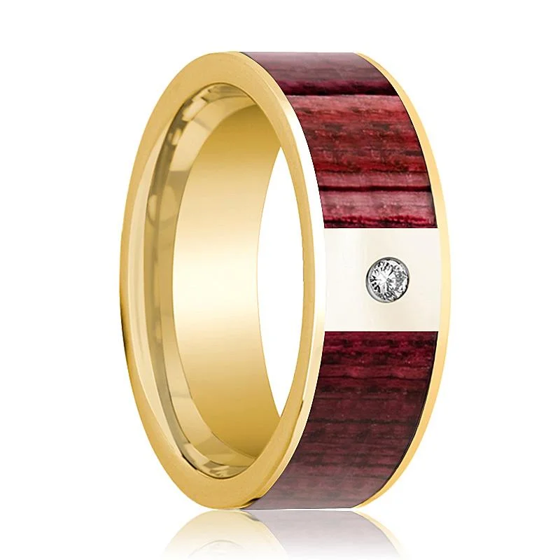 custom rings for engagement-Purpleheart Wood Inlaid Men's 14k Gold Wedding Band with White Diamond - 8MM