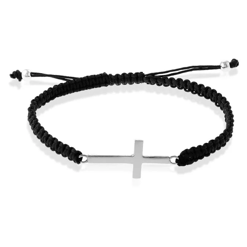 gemstone bangles for women-Classic Men's Bracelet - Sterling Silver Flat Cross on Black Macrame | S-4839