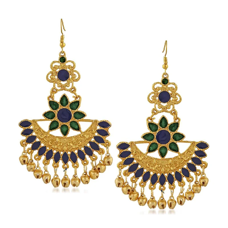 bridal earrings for women-Mahi Green and Blue Meenakari Work Traditional Floral Dangler Earring with Ghuungroo for Women (VECJ100230Gre)