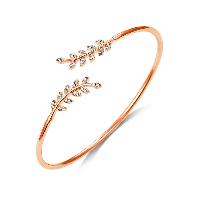 pearl bracelets for women-Rose Gold Plated Leaf Bangle Created with Zircondia® Crystals