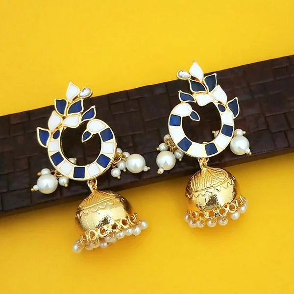 long earrings for women-Kriaa Blue And White Meenakari Pearl Jhumka Earrings