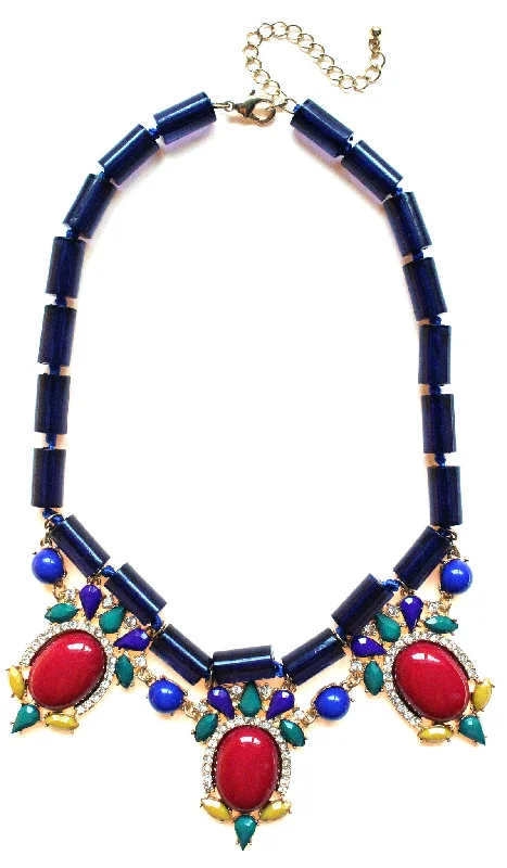 elegant pearl necklaces for women-Colorful Beaded & Jeweled Statement Necklace- Navy & Red