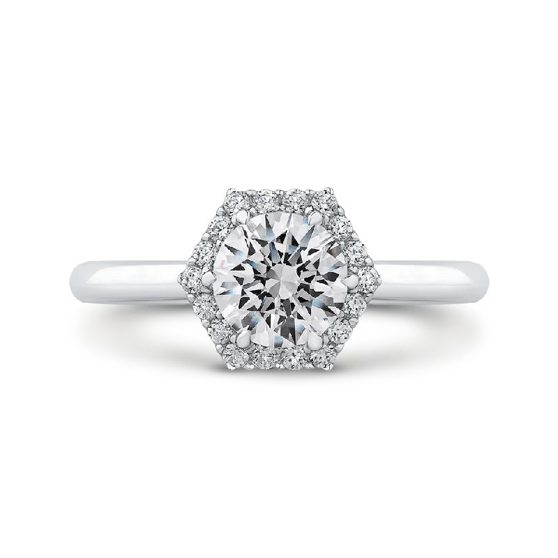 engagement rings with a twist-14K White Gold Round Diamond Hexagon Shape Halo Engagement Ring (Semi Mount)