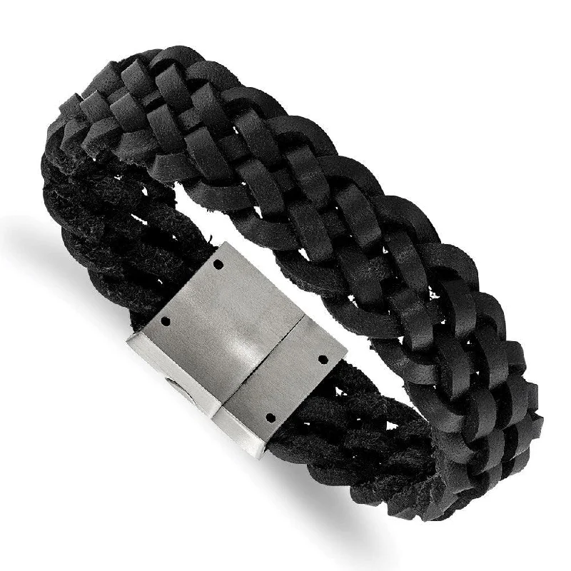 stacking bangles for women-Stainless Steel Brushed Black Leather Braided Bracelet