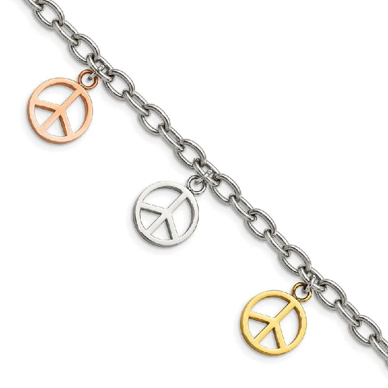 gold chain bracelets for women-Stainless Steel Multicolor Plated Peace Sign Charms 8.5in Bracelet