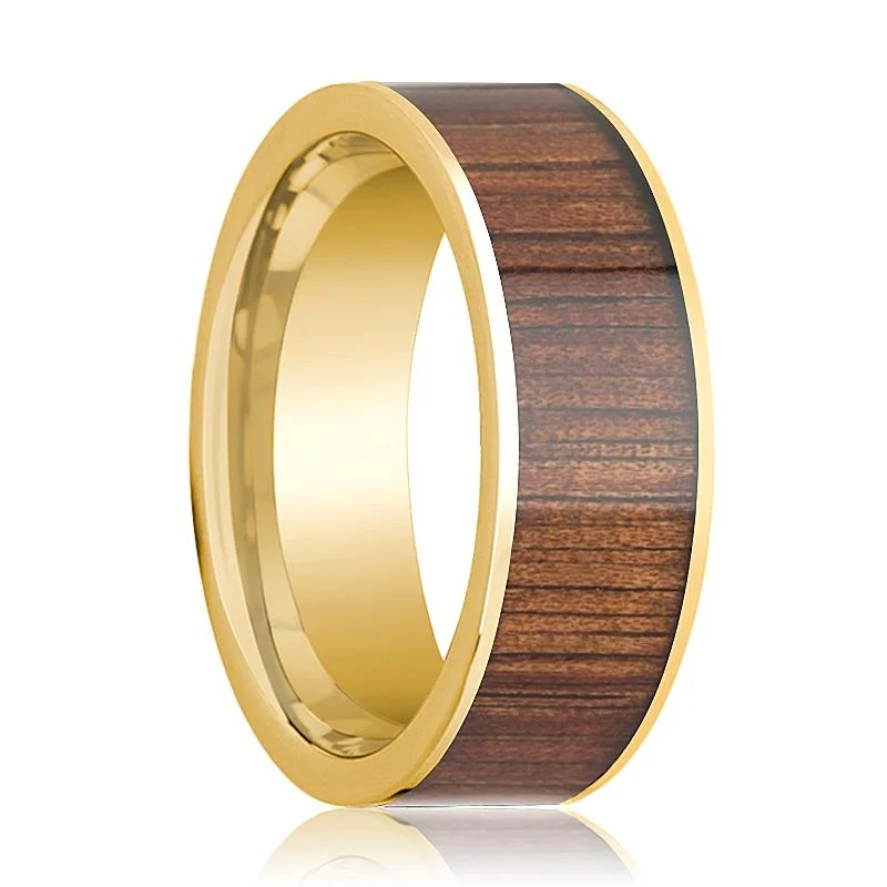 customized rings for women-Pipe Cut 14K Yellow Gold Flat Ring with Rare Koa Wood Inlay & Polished Edges