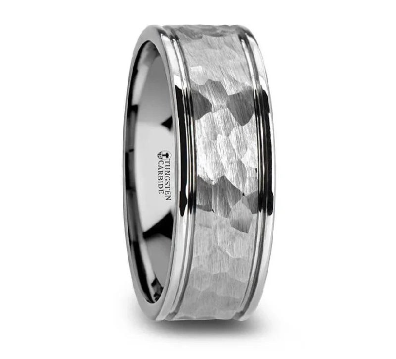 high-quality rings for women-Hammered Finish Tungsten Ring with Grooved Edges - 6mm or 8mm