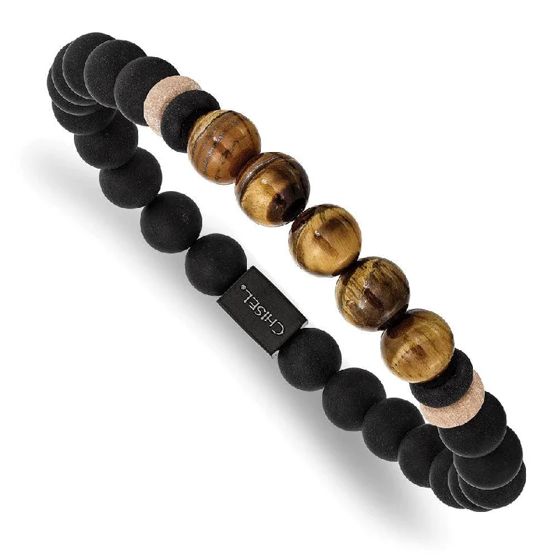 designer bangles for women-Stainless Steel Brushed Black IP Black Agate/Tiger's Eye Stretch Bracelet