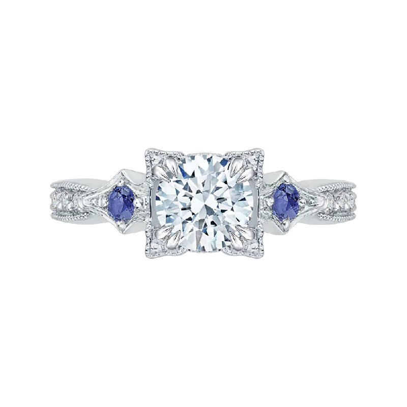 simple gold engagement rings-14K White Gold Round Diamond Engagement Ring with Sapphire (Semi Mount)