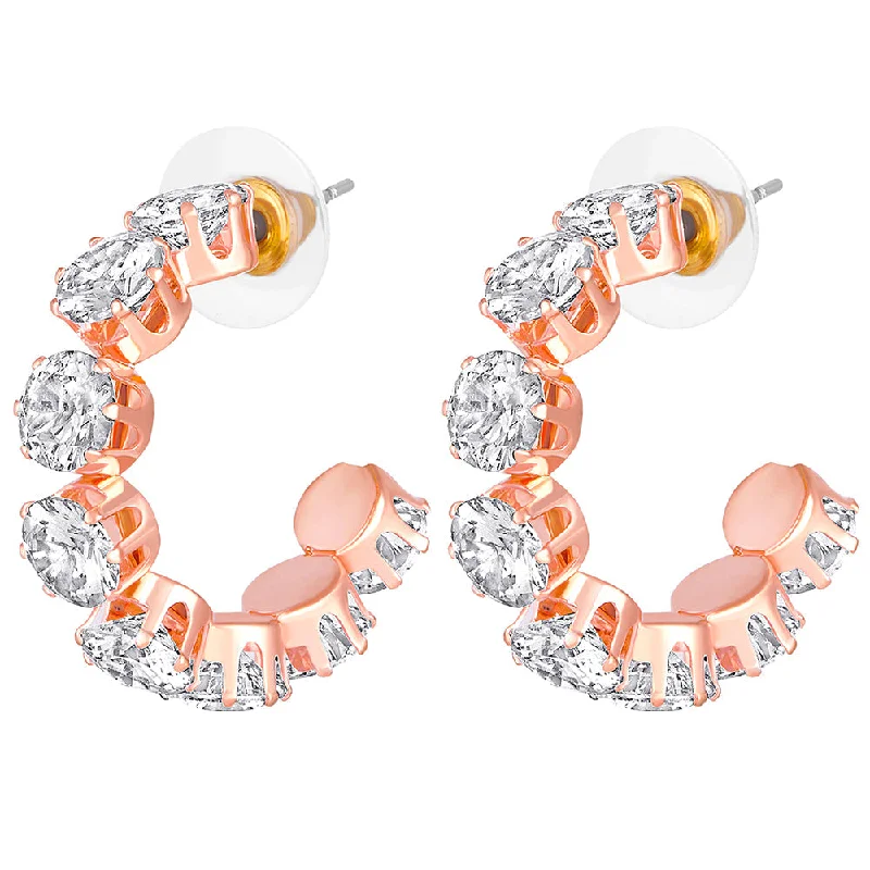 crystal drop earrings for women-Mahi Rose Gold Plated Shiny Cubic Zirconia Studed Half Bali Hoop Earrings for Women (ER1109823ZWhi)