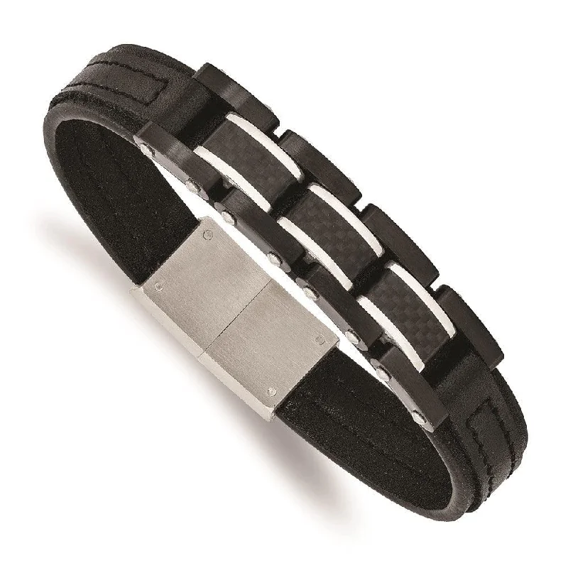 charm bangles for women-Stainless Steel Brushed & Polished Black IP Carbon Fiber Leather Bracelet