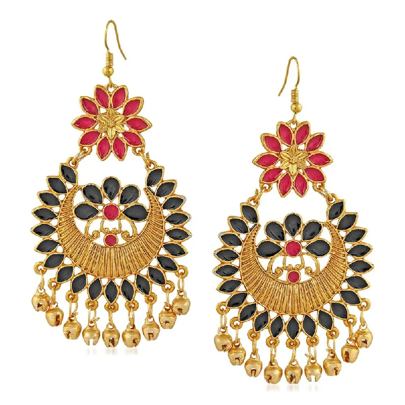 flower earrings for women-Mahi Red and Black Meenakari Work Floral Dangler Earrings with Ghungroo for Women(VECJ100217Red)