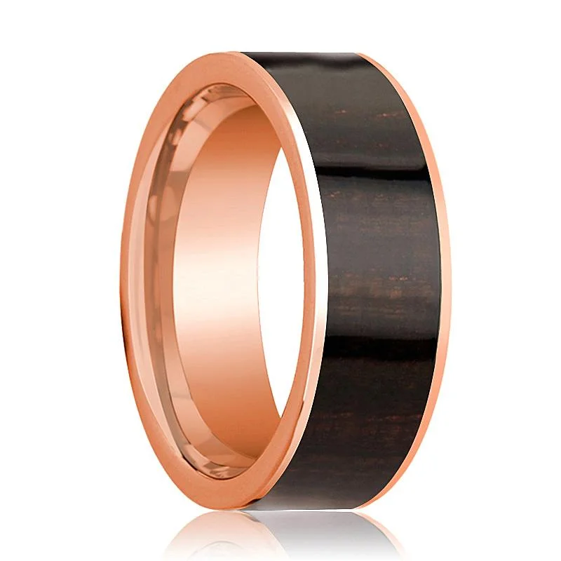 stackable rings for women-Polished 14k Rose Gold Men's Engagement Ring with Ebony Wood Inlay - 8MM