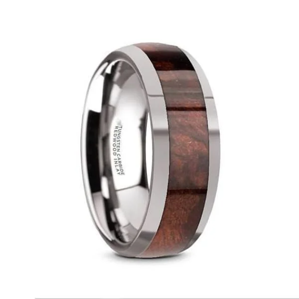 personalized rings for women-Men's Exotic Redwood Inlaid Tungsten Carbide Ring W/ High Polished Edges - 8mm