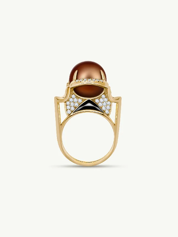 wedding ring sets for brides-Isis Goddess Ring With Japanese Akoya Chocolate Pearl & Pavé-Set Brilliant White Diamonds In 18K Yellow Gold