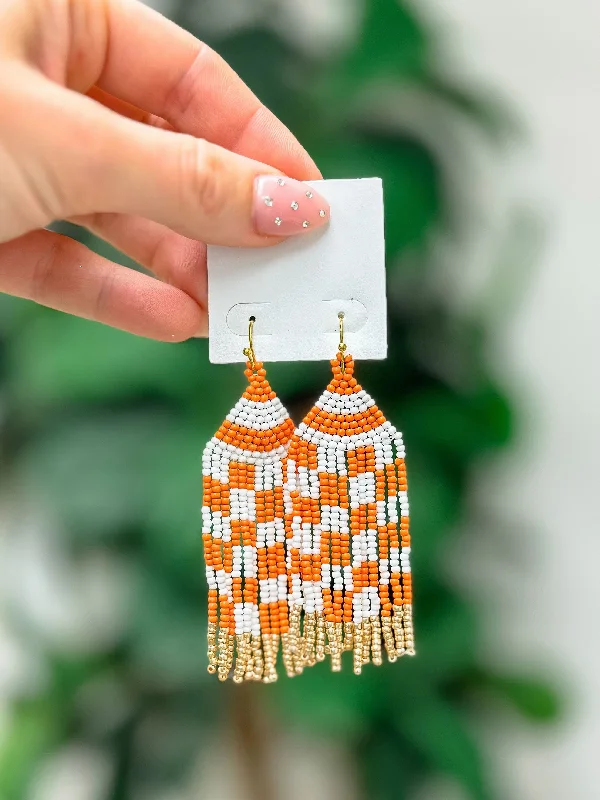 elegant earrings for women-Game Day Seed Bead Fringe Dangle Earrings - Orange & White