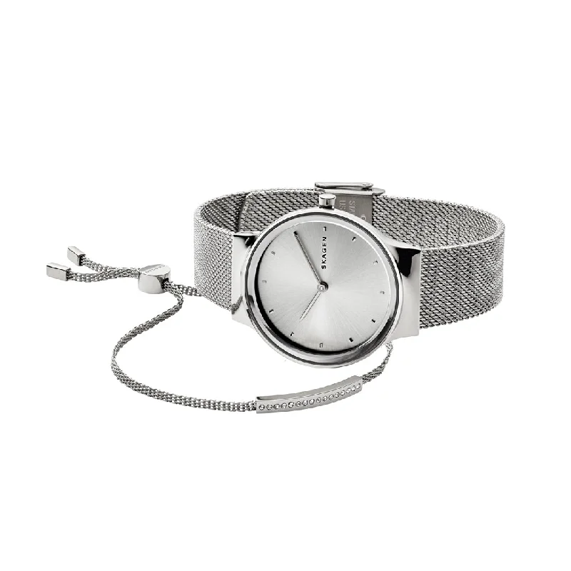 cuff bangles for women-Skagen Freja Steel-Mesh Watch + Merete Bracelet Box Set SKW1105