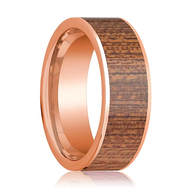 diamond solitaire rings for women-Flat 14k Rose Gold Wedding Band for Men with Sapele Wood Inlay - 8MM