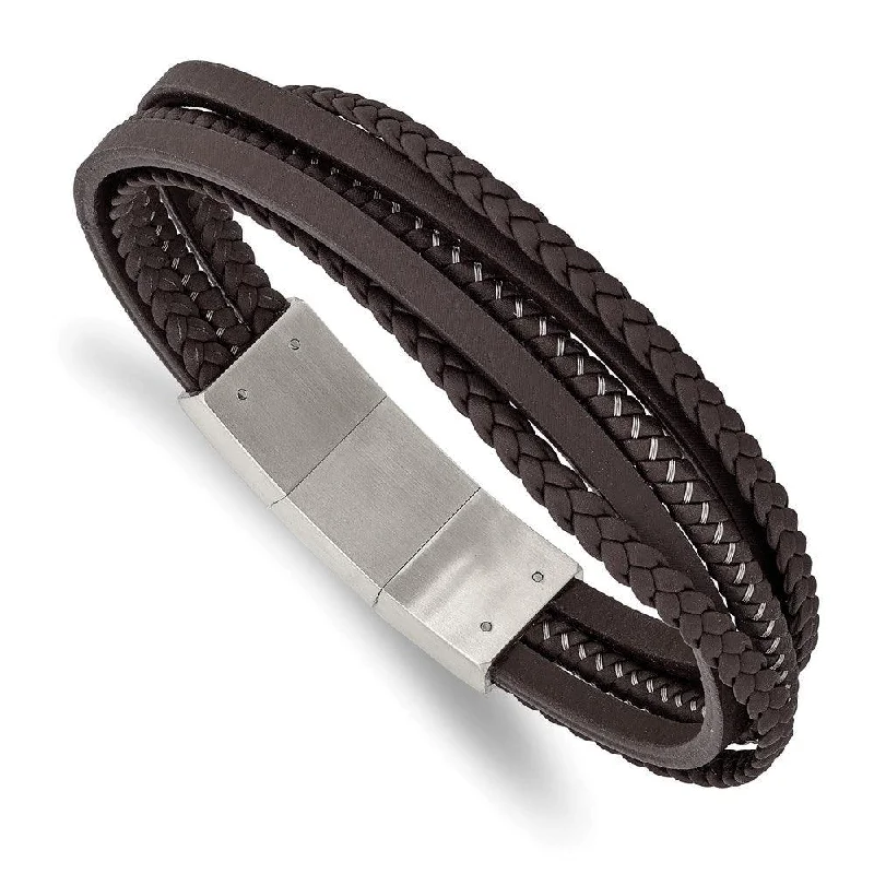 diamond cuff bracelets for women-Stainless Steel Brushed Brown Braided Leather & Wire w/.5in ext Bracelet