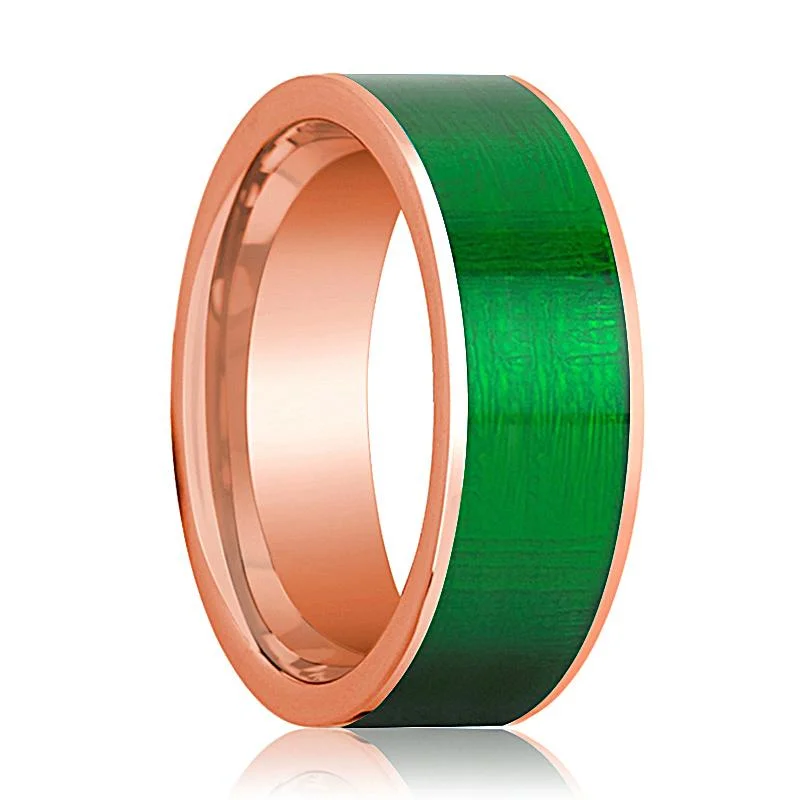 eco-conscious rings for women-Flat 14k Rose Gold Wedding Band for Men with Green Texture Inlay Polished Finish - 8MM