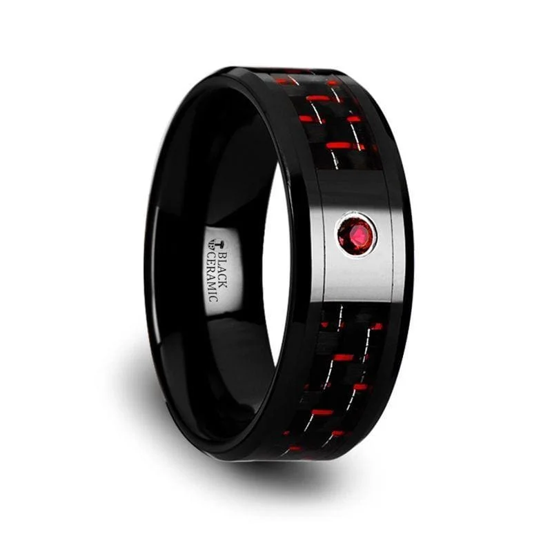 custom gold rings for women-BARON Men's Ceramic Ring With Black And Red Carbon Fiber And Red Ruby Setting - 8mm