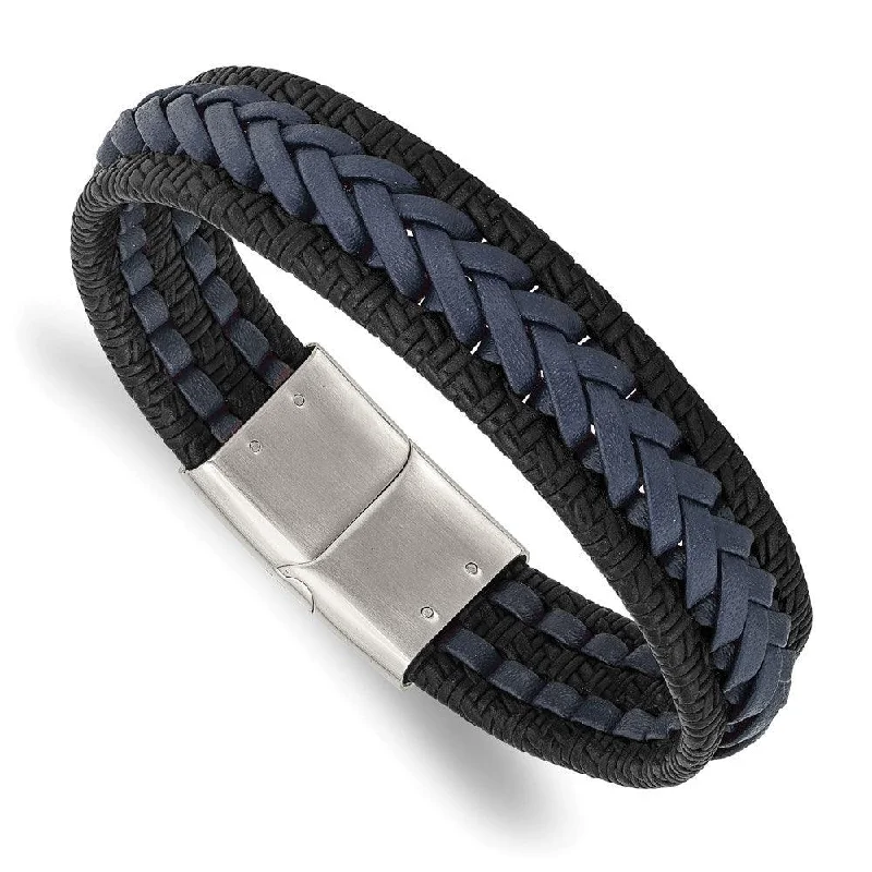 charm bangles for women-Stainless Steel Polished Black/Blue Braided Leather 8.25in Bracelet