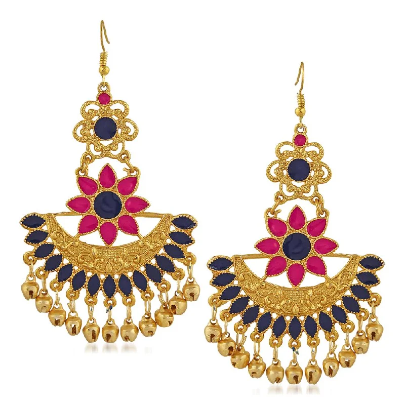 engagement earrings for women-Mahi Pink and Blue Meenakari Work Traditional Floral Dangler Earring with Ghuungroo for Women (VECJ100230Pin)