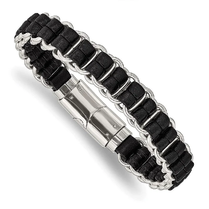 custom bangles for women-Stainless Steel Polished Black Leather 8.5in Bracelet