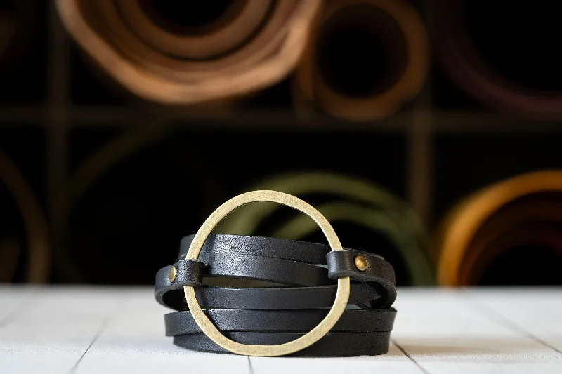 bridal bangles for women-Leather Bracelet Boho Hoop Wrap | Multi-strand Womens Cuff | Black + Antique Brass | Handmade Jewelry Personalized Gift For Her