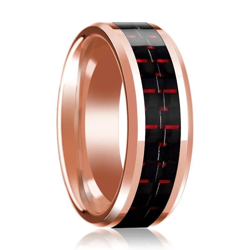 large gemstone rings for women-Black & Red Carbon Fiber Inlaid Men's 14k Rose Gold Polished Wedding Band with Beveled Edges - 8MM