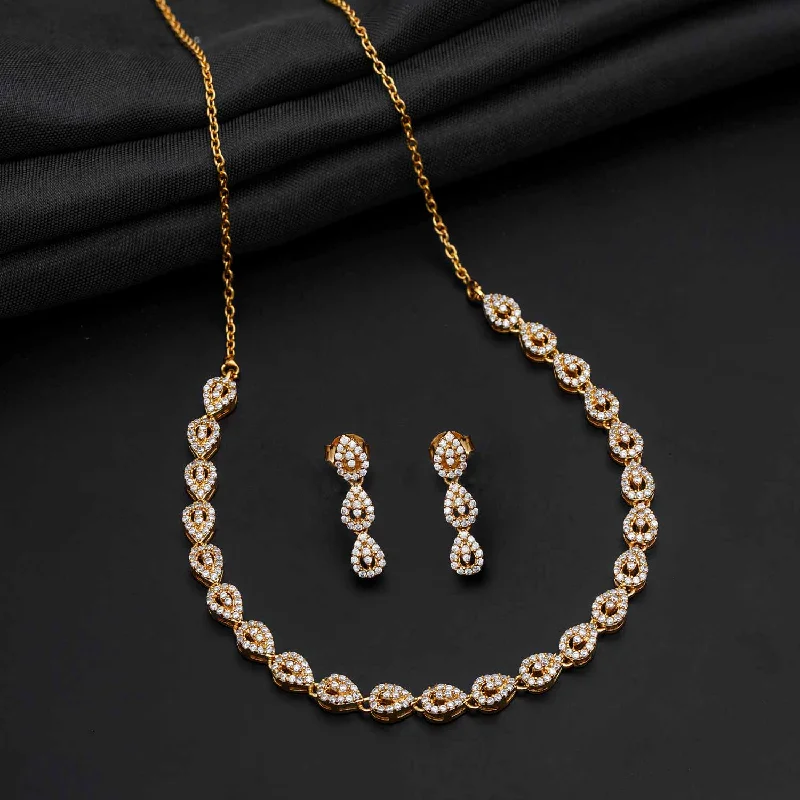 handcrafted necklaces for women-Dazzling drop design 92.5 Sterling Silver Gold Polish Necklace with Earrings