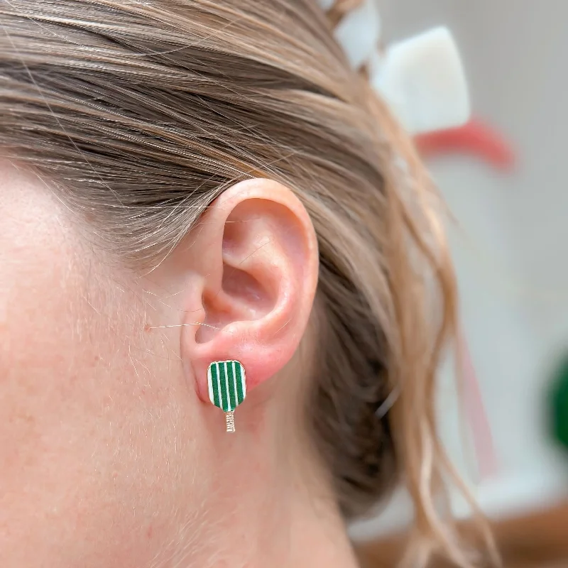 silver earrings for women-Enamel Pickleball Stud Earrings - Green Stripe