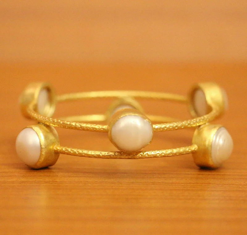 rhinestone bangles for women-REAL PEARL STUDDED GOLD PLATED BRACELET