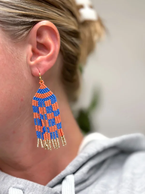 statement crystal earrings for women-Game Day Seed Bead Fringe Dangle Earrings - Orange & Blue